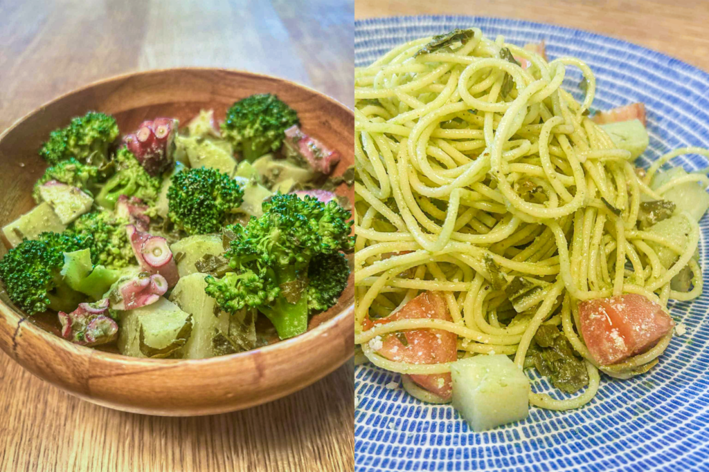 「近江茶ジェノベーゼ」を使った二皿！「ジェノベーゼパスタ」と「近江茶香る！タコとブロッコリーのジェノベーゼサラダ」の作り方（合同会社ふくろう ビストロ向日葵）