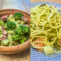 「近江茶ジェノベーゼ」を使った二皿！「ジェノベーゼパスタ」と「近江茶香る！タコとブロッコリーのジェノベーゼサラダ」の作り方（合同会社ふくろう ビストロ向日葵）